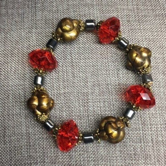 Chunky Stretch Bracelet Red Gold Gunmetal Silver Faceted Bead - Picture 2 of 5